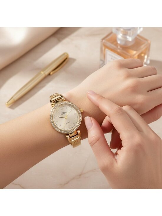 Women\'s Gold Analog Quartz Metal hinged Pearl Cuff Rhinestones Bracelet Watch
